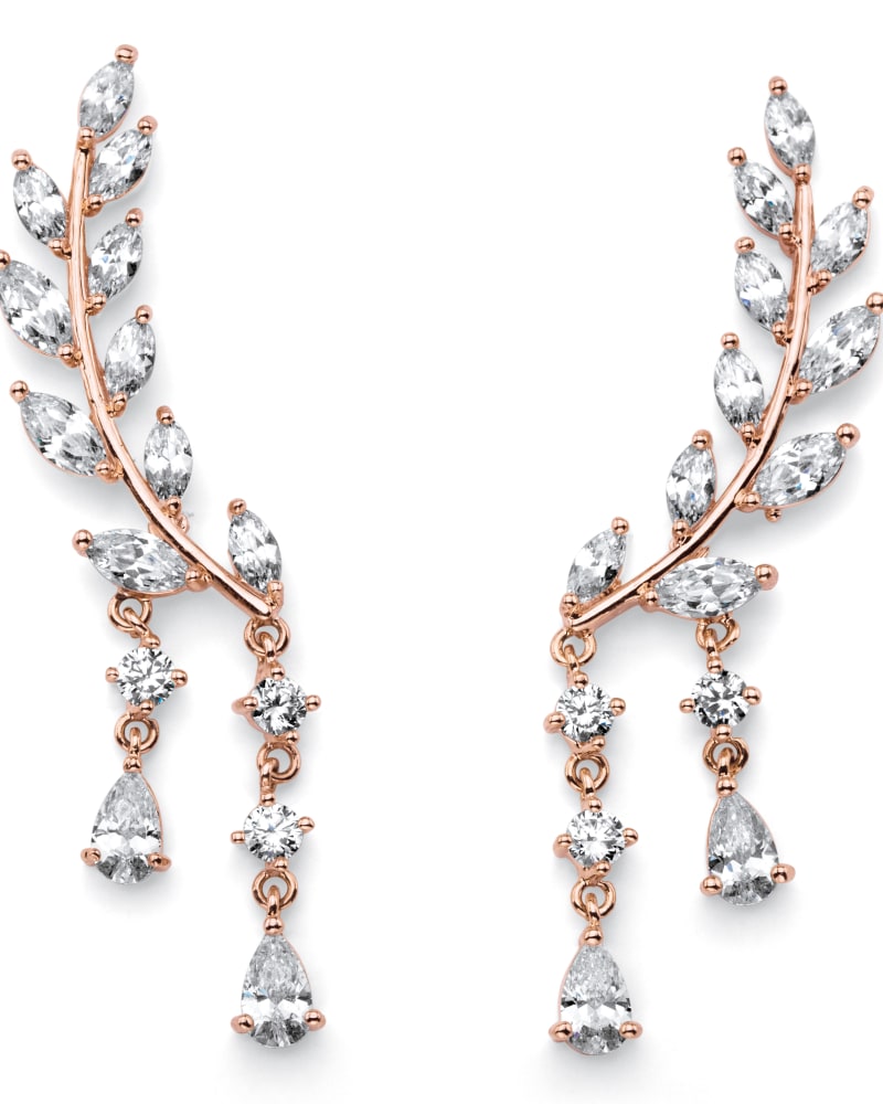 Front of a size One Size Marquise Crystal Rose Gold-Plated Laurel Leaf Ear Climber Earrings 1 5/8" in White by PalmBeach Jewelry. | dia_product_style_image_id:334999